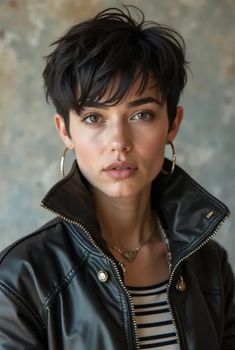 Create an image of a girl with stylish 90s short haircut greaser style Make her older but not too old and also make it full body shot Give her the badgirl look with the jacket zipped all the way up to the collar 