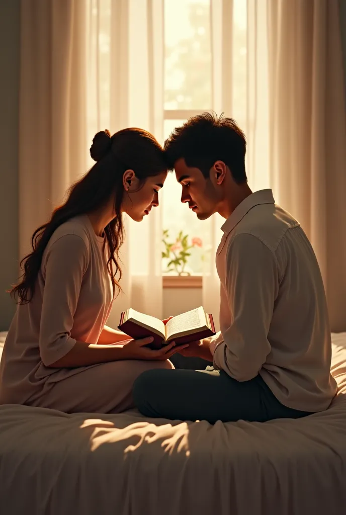 Husband and wife sitting on the bed reading the Quran