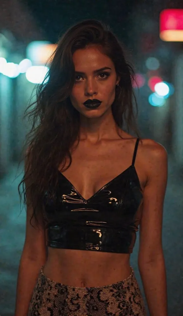 A young Armenian beauty is a woman with a confident look. She has black glossy lips, dark loose hair and expressive makeup. She is dressed in a shiny black crop top with thin straps, made of patent leather, and a mini skirt with a pattern reminiscent of sn...