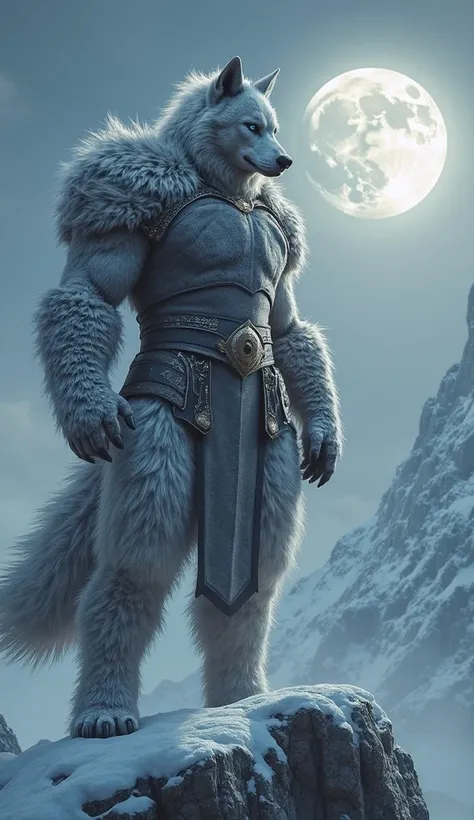 "A towering humanoid with a silver wolf's head and fur-covered muscular arms, standing proudly on a snowy mountain edge under a glowing full moon, hyperrealistic textures, sharp focus on the subject, intricate detailing of fur blending into battle-worn arm...