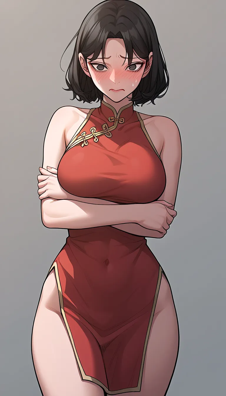 siyeon, large breasts, black hair, short hair, black eyes, posing embarrassed, red face, embarrassed, Ashamed, chinese dress, Meer oop neklyn, mikrobekkengordyn 