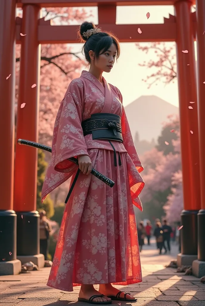 Japanese female samurai, modern kimono armor with cherry blossom motifs, katana in hand, wooden geta sandals, hair tied in a high bun with kanzashi, standing in front of Fushimi Inari Shrine torii gates, Mount Fuji in distance, sakura petals floating, warm...