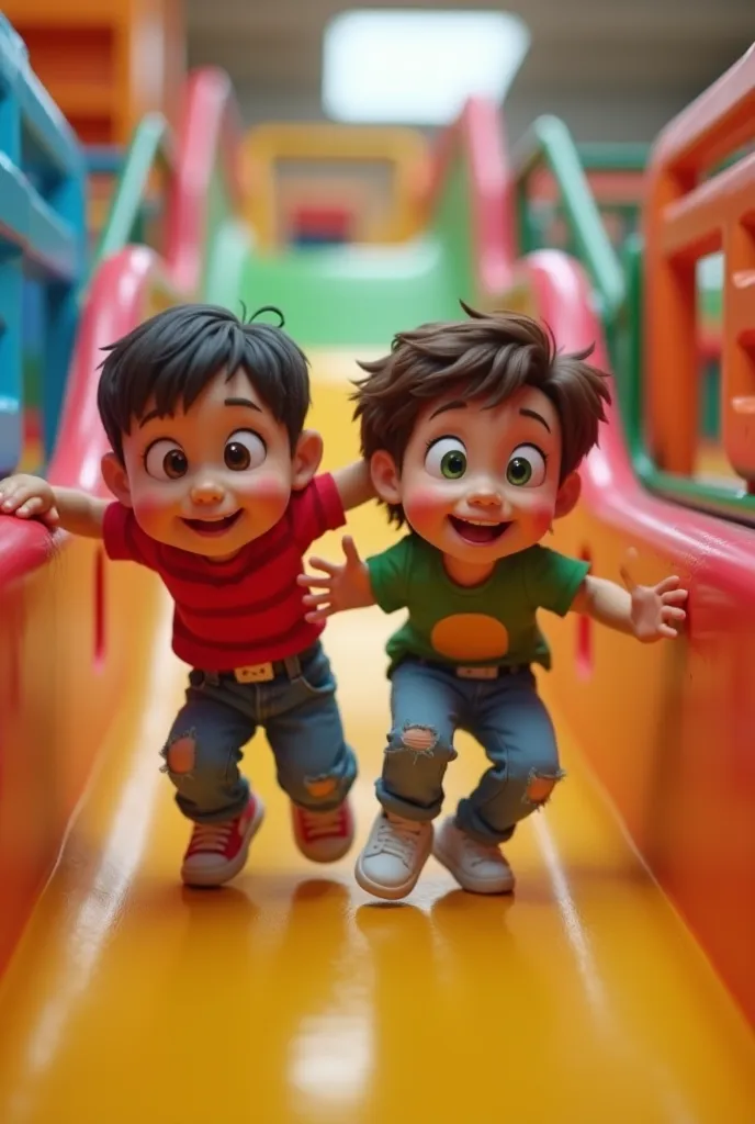 a couple of ren playing in an indoor fun park, wild, happy, fun, colorful, action, playful, detailed ren facial features, playful poses, laughing expressions, playing on colorful slides and climbing structures, vibrant indoor playground environment, soft l...