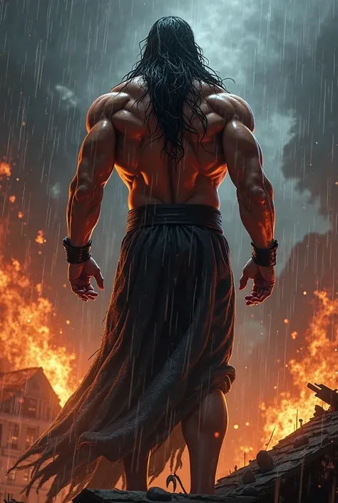 Pic of the shirtless back of a very muscular villain with long hairs standing on the roof a burning house looking at the ground..it is heavily raining and the whole theme is dark