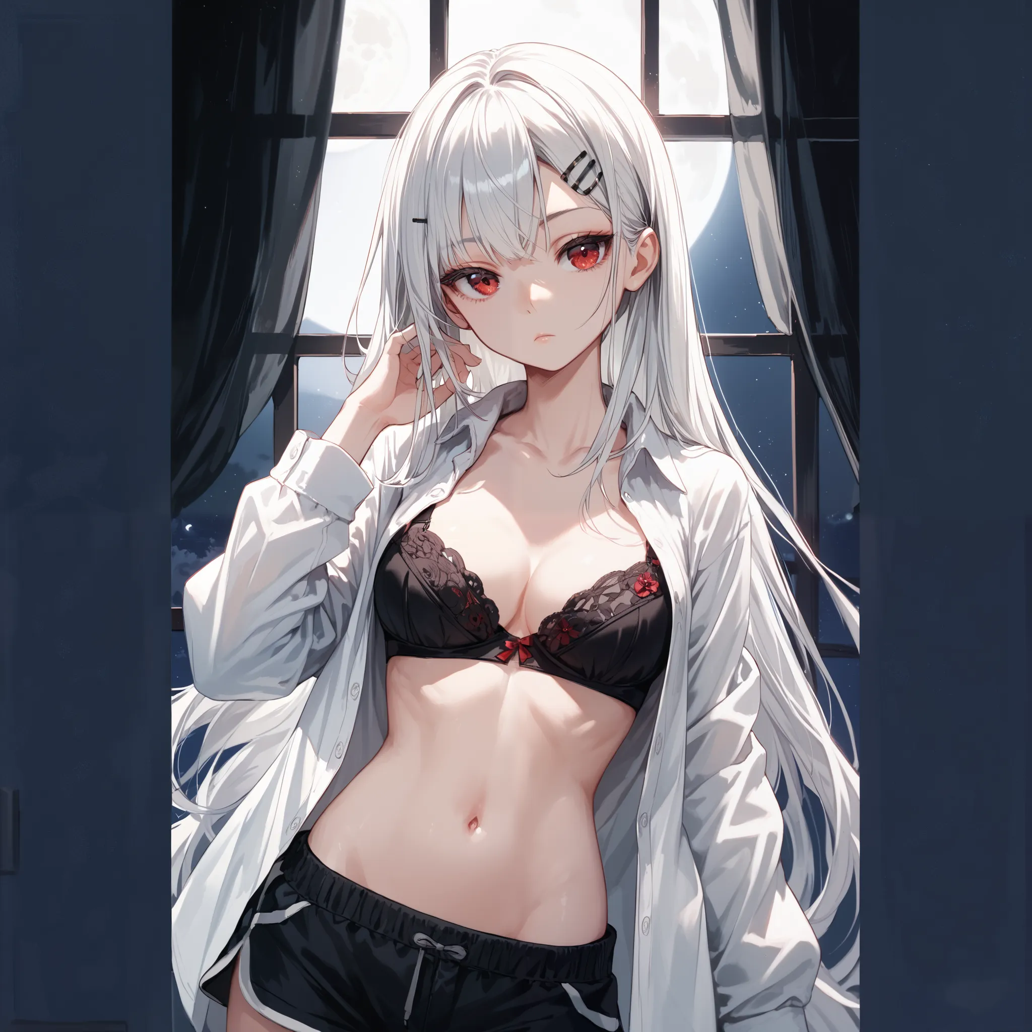 BLACK Dolphin shorts, dress shirt, MIDRIFF, white HAIR, Straight hair, expressionless, red EYES, loose shirt, oversized shirt, BLACK Bra top, long straight hair, hairclip, clean background, NIGHT, MOON LIGHT, WINDOW