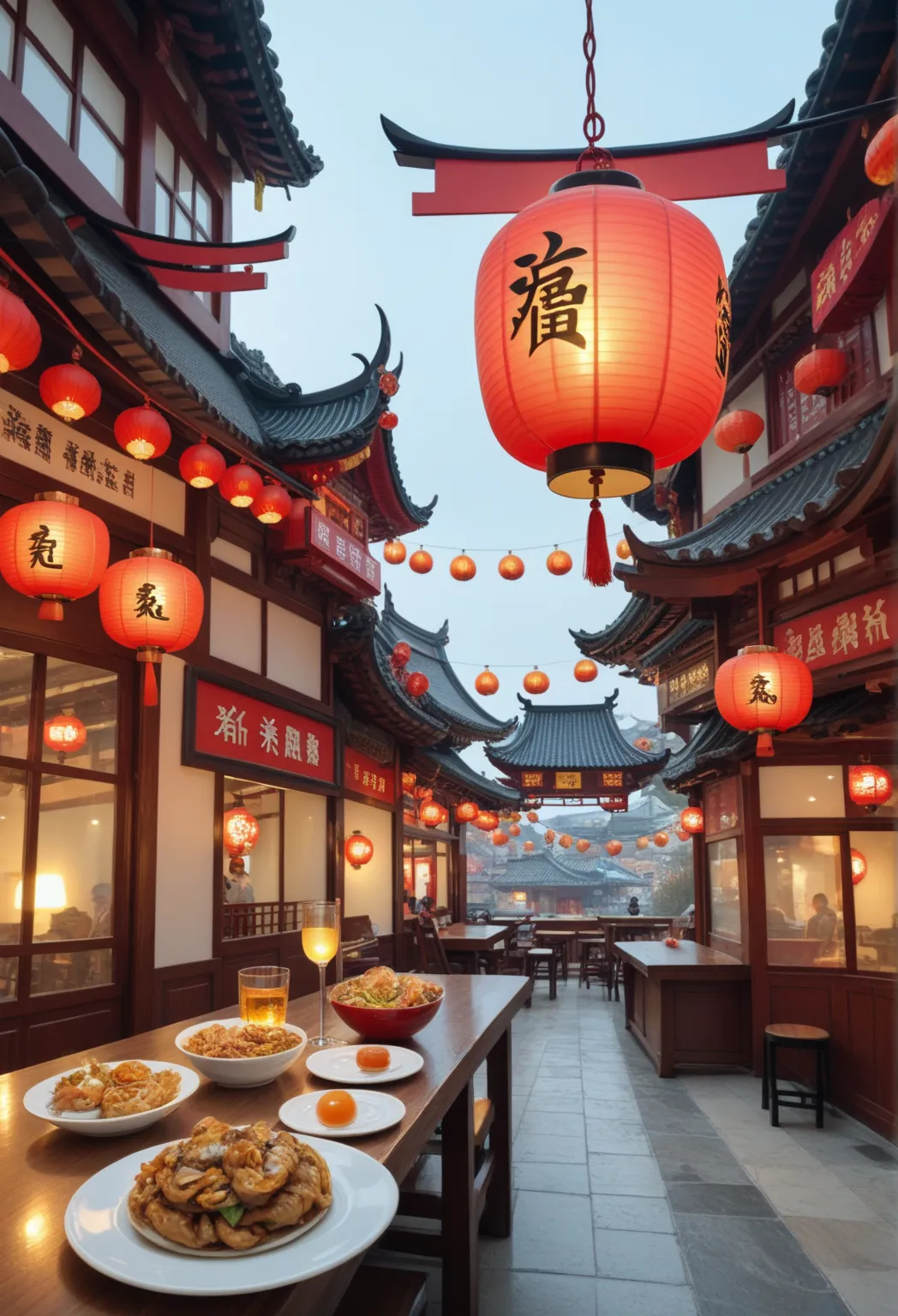 A traditional Chinese restaurant with a bright red sign that reads "Beijing Roast Duck Restaurant." The entrance has golden dragon decorations and red lanterns hanging from the roof. The glass windows reveal a cozy but busy dining area inside, where custom...