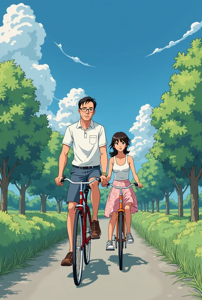 arafed image of a man and a woman riding a bicycle, a picture by Miyazaki, tumblr, mingei, style in ghibli anime, miyazaki movie scene, miyazaki movie, style in ghibli anime style, miyazaki film, style of hayao miyazaki, miyazaki's animated film