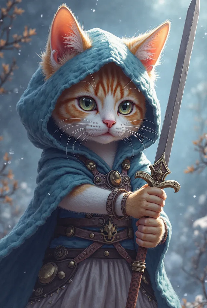 anime style　cat　Hold a silver and white　Magic Warrior　magic sword　wears a hood