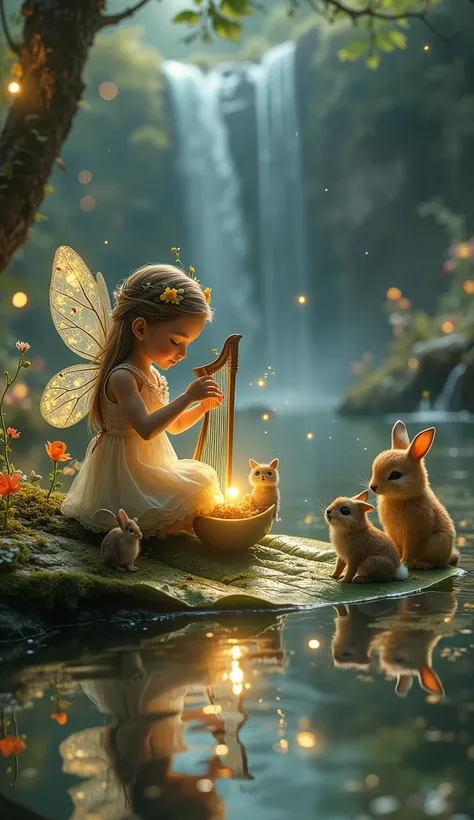 A tiny fairy with delicate translucent wings sits gracefully on a floating golden leaf, playing a miniature harp that glows softly with each plucked string. As she plays, gentle ripples spread across a crystal-clear pond, reflecting the moonlight. Fireflie...