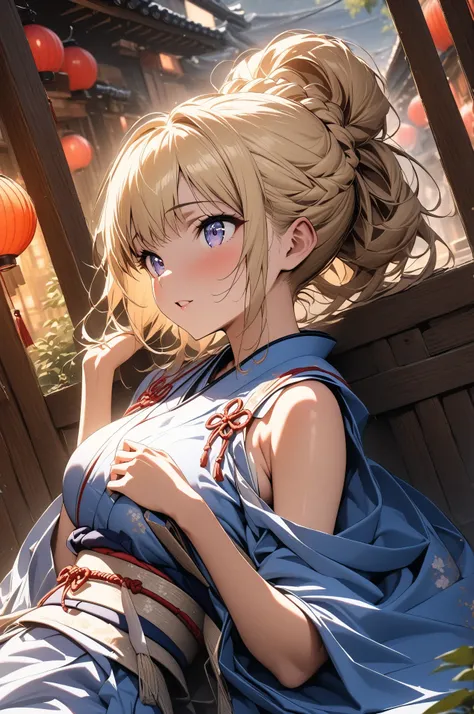 (masterpiece, detailed:1.2), One Girl, (18-years old), blonde one updo, Medium Breasts, sky blue eyes, BREAK, Highest quality, town, Kimono, lie on back, Fullbody from front below:1.3