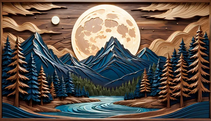 A high-relief wood carving design. The artwork features a semi-realistic mountain landscape with detailed evergreen trees, rugged peaks, and a glowing full moon. The trees and mountains have a strong hand-carved texture, emphasizing depth and craftsmanship...