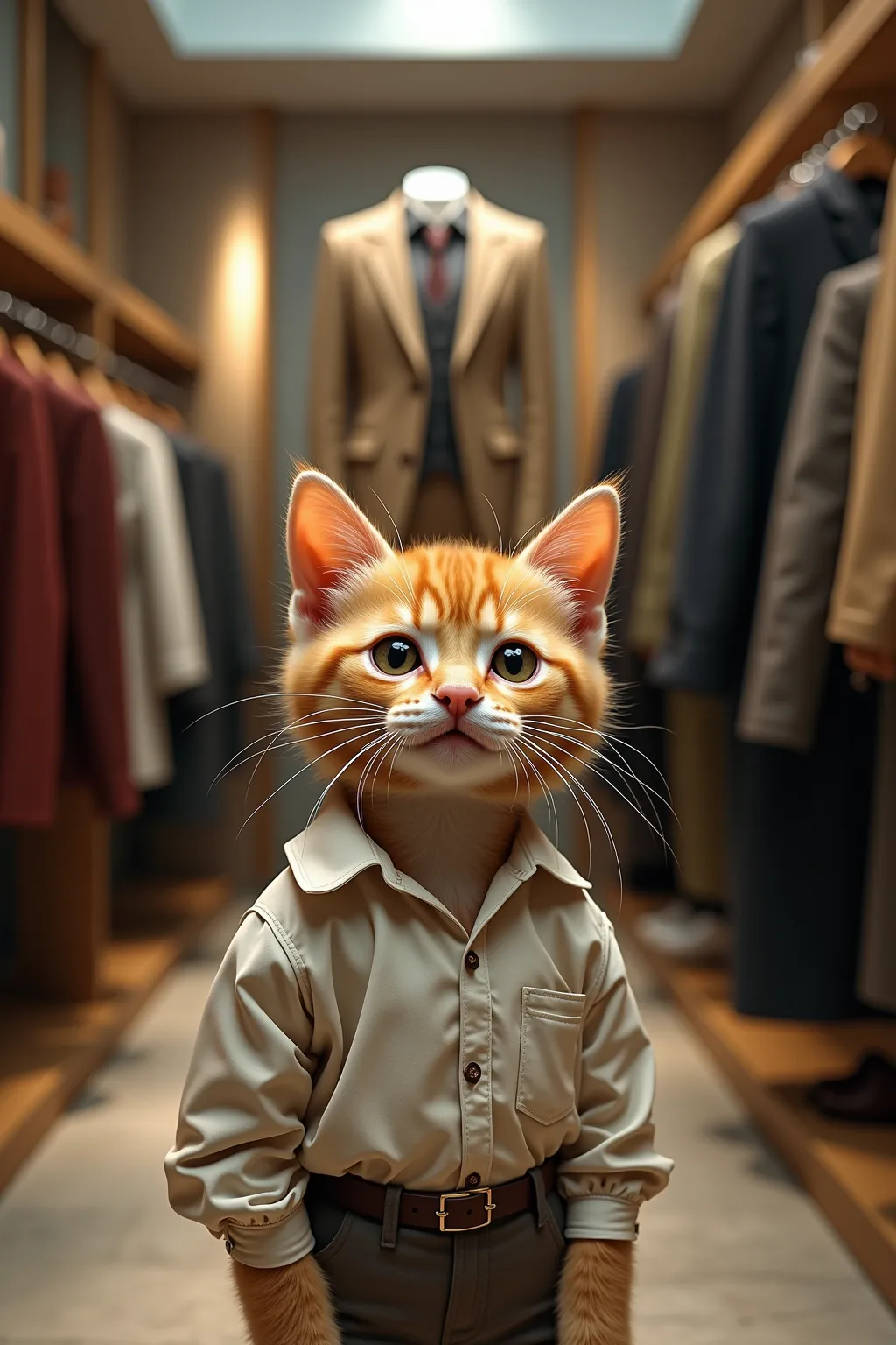 wide view of inside a high class super luxury clothing store in where a poor homeless looking orange kitten with big teary eyes (wearing a old dirty white shirt with dirt spots). 2  cats are  dressed in an expensive looking suit is looking laughing out lou...