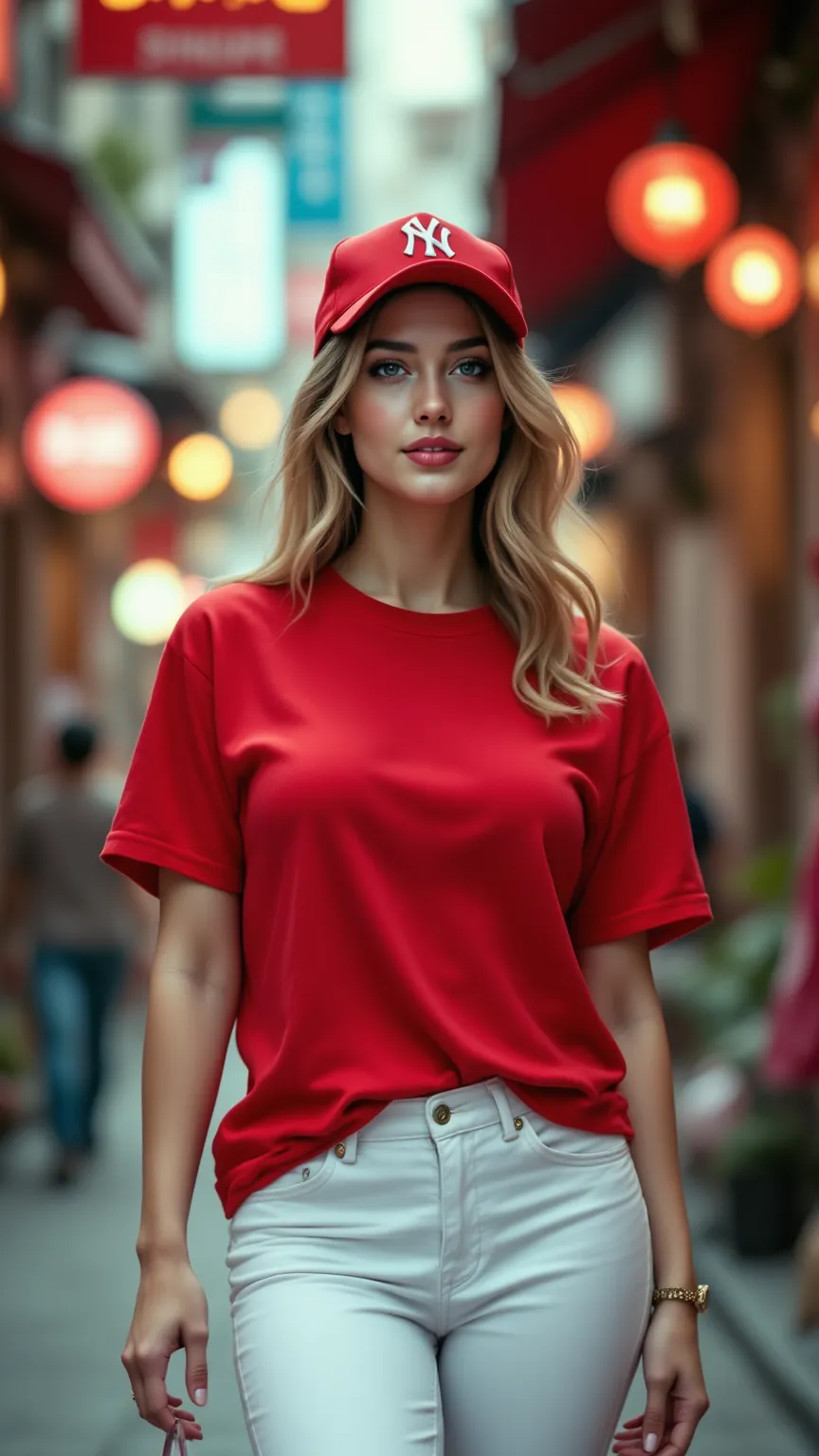 (((big boobs,slim body,female),(on a baseball),(red shirt ,white pants))),shopping백을 들고 기뻐하면서 환호 하는,downtown street,Streetscape ,Cityscape,shopping,lively,hearty,Dynamic scene, professional,realistic on the hand,high resolution,UHD,HDR,vivid colors,soft li...