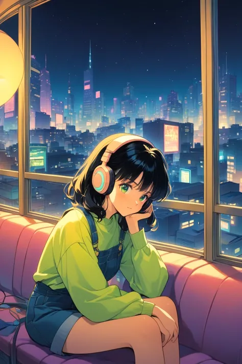 depicts a young woman wearing big headphones、80s anime style illustration, sitting by a window overlooking a vibrant city skyline at night. the city is full of fluorescent lights, Skyscrapers, Shining Street , charming of retro-futuristic Tokyo. The charac...