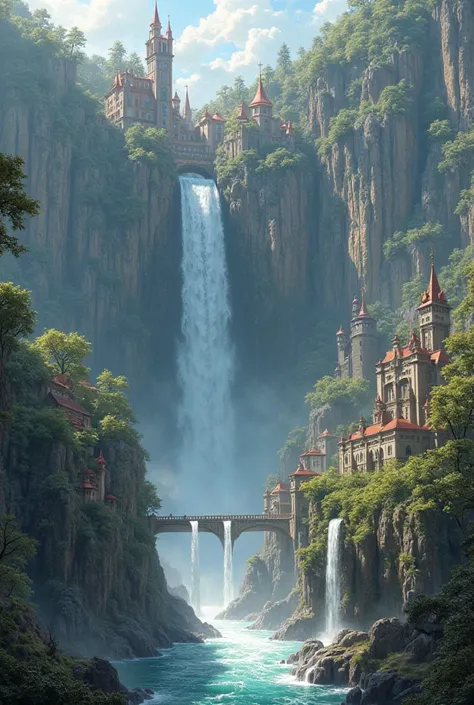 The kingdom is situated at the base of a massive waterfall that creates a breathtaking rainbow effect in the sunlight. Buildings are built into the cliff face surrounding the falls, with cascading water features incorporated into the architecture. The roya...