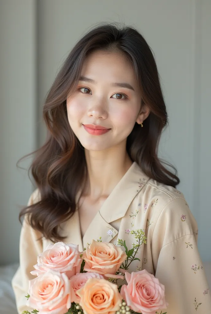 A photo of a model with Korean makeup in a lookbook. The model is wearing a beige dress with floral patterns and has her hair styled in soft waves. She is holding a bouquet of roses. The background is a minimalistic light gray room. The lighting is natural...