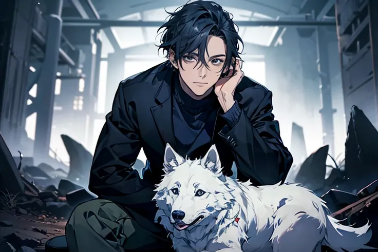 (Best picture quality, High res, Very high res), abstract, masculine, dark blue hair, 33 years old, dark blue eyes, jacket, sweater, cargo pants, dark blue gaze, calm, quiet, gentle smile, observatory, with wolf, dawn