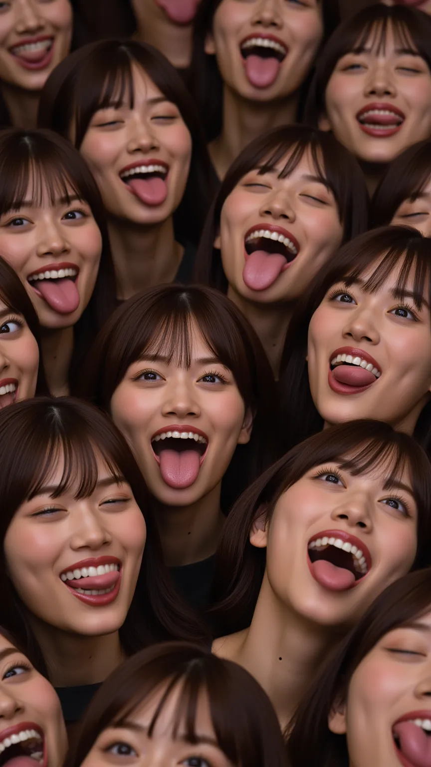 A large crowd of young women with dark brown hair and bangs, all smiling with their eyes closed, playfully sticking out their tongues fully. Their faces are slightly tilted upward, showing their extended tongues, glossy lips, visible teeth, and glowing che...