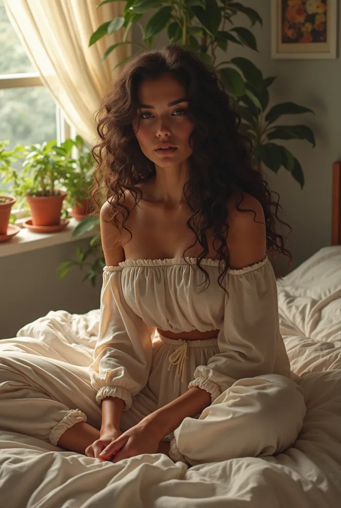 (photorealism:1.2), beautiful woman, sitting on bed, wearing loose off-shoulder top, pajama pants, long curly hair, indoors, soft lighting, plants in background, window with sunlight, cozy room, relaxed pose, realistic, intricate details, warm colors, by G...