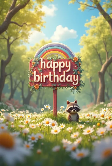 masterpiece, best quality skirt, 8k, masterpiece: Sign with   "Happy birthday " In a sunny spring park, Birthday party, floor daisies,  un petit raton laveur, rainbow, 