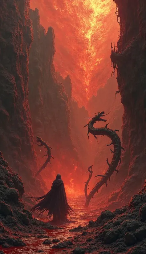 A chaotic infernal chasm filled with grotesque deceptions, burning cloaks, and souls morphing into serpents.