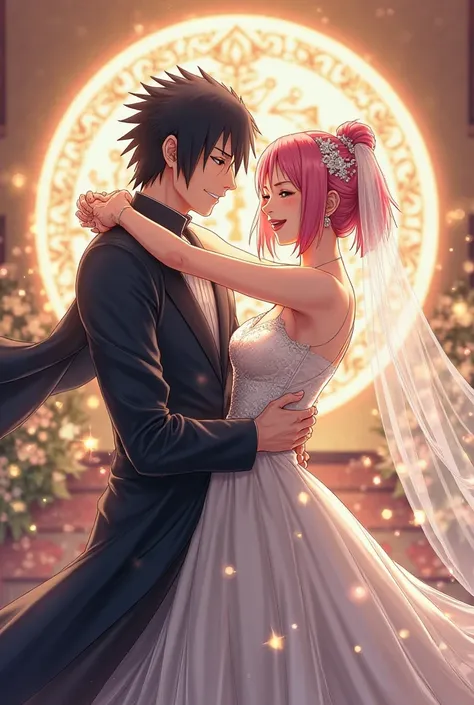 Sasuke and sakuraa wedding with the uchiha crest. Both smiling. Adults