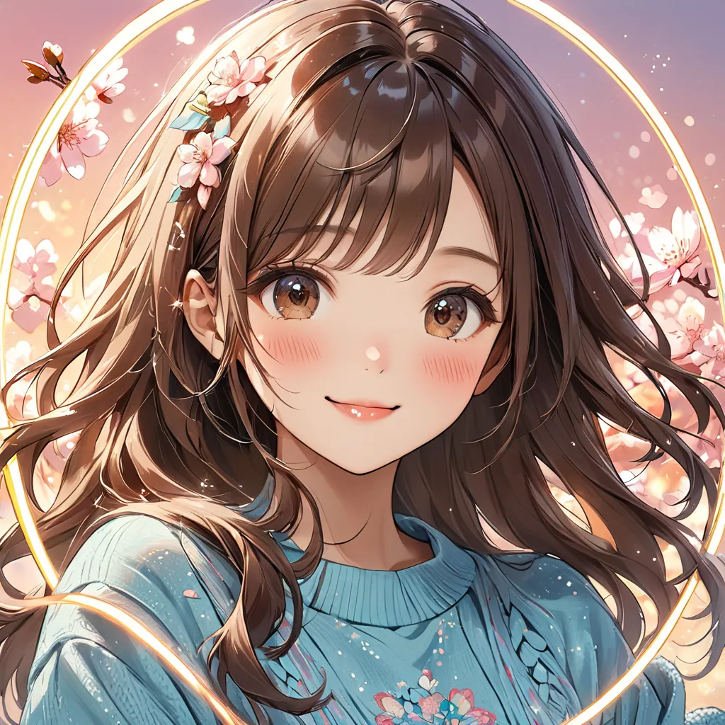 A round, white glittery image depicting the face of a cheerful cute anime girl with soft wavy chestnut brown hair with gentle highlights, side-swept bangs framing the face and large expressive warm brown eyes with bright highlights, gentle and friendly smi...