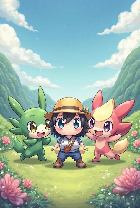 cute chibi, pokemon horizons, liko, iono, and coral together. 