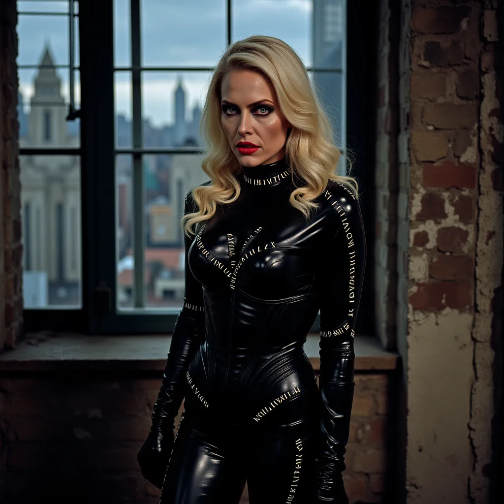  catwoman92michellepfeiffer90s  bareheaded full face long blonde flowing hair red lipstick black eyeshadow black skintight latex full bodysuit black corset black choker black gloves black boots   she is facing the camera and looking up. she looks worried a...