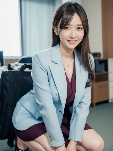 nsfw,woman, secretary, white blouse, layered clothing, light blue suit and skirt, squatting, kneeling down on one knee, business bag, tying hair up, small necklace, office floor, ((masterpiece)), ((best quality)), (ultra-detailed), ((beautiful eyes)), Japa...