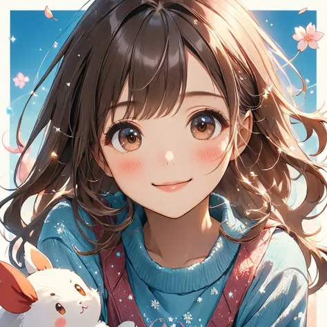 A round, white glittery image depicting the face of a cheerful cute anime girl with soft wavy chestnut brown hair with gentle highlights, side-swept bangs framing the face and large expressive warm brown eyes with bright highlights, gentle and friendly smi...