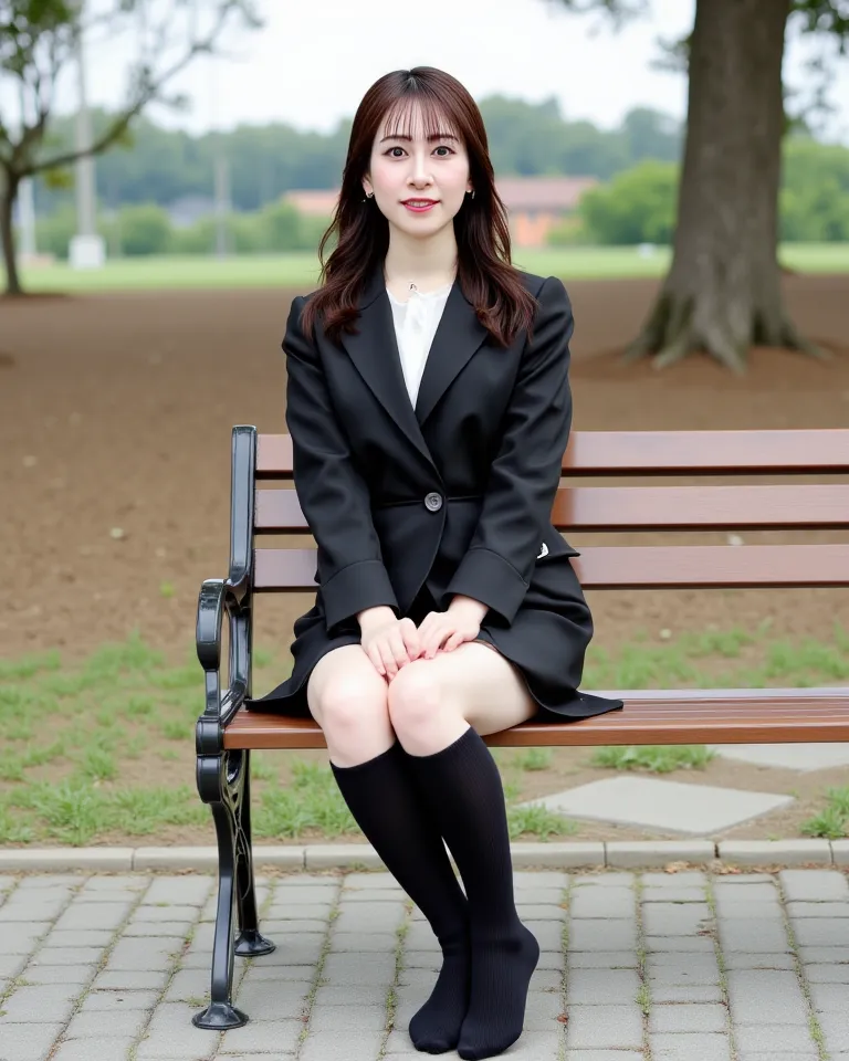   top quality),hot ((mature milf、woman)),  I'm sitting on a park bench with my leg stretched out and the sole of my foot facing the camera ,    wide hips 、Big Breasts　Big Breasts,  short hair all back),   uniform、mini tight skirt high school student blazer...