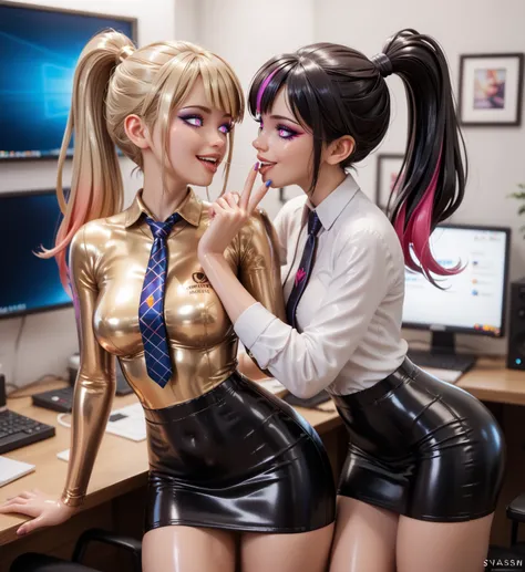 2 young girls, standing at the computer in the apartment ,    in an extremely tight  ,  shiny gold latex polo shirt ,  black shiny knee-length skirt,  high ponytail,      multicolor hair ,  saliva, salivafluss, salivaspur, Langarm , necktie, Dance, Finger ...