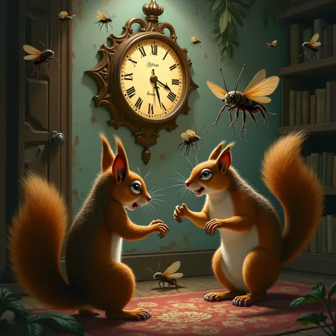 The battle between squirrels and bugs, there is a clock on the wall that shows 4 am