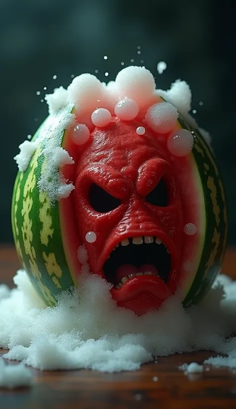 Close-up of a watermelon foaming and bubbling, looking eerie or dangerous. Maybe a shocked emoji for effect.