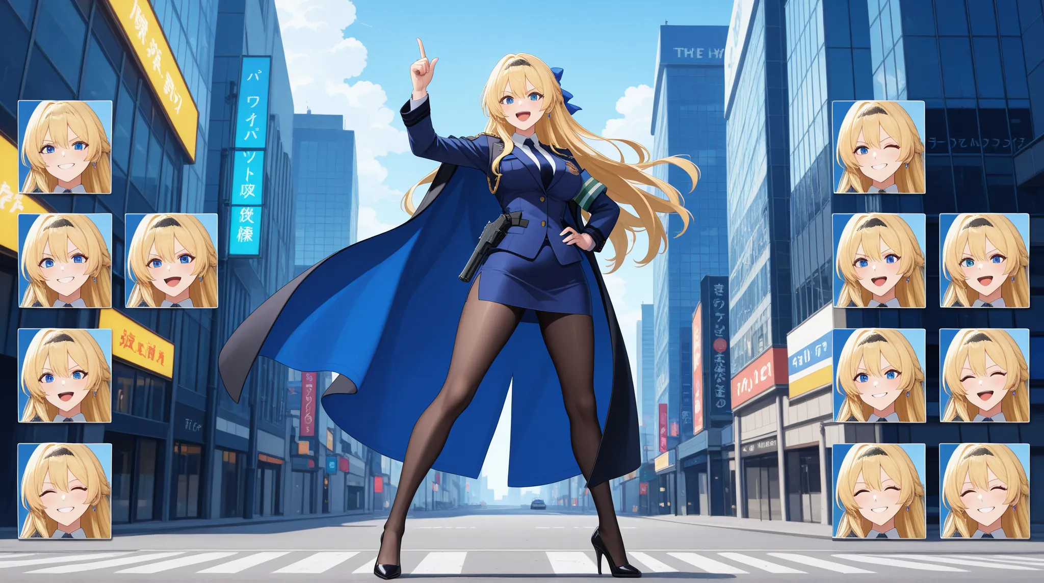 An anime-style illustration of an exotic dancer, with blonde hair and blue eyes, wearing a police uniform with black tights and heels. The character is pointing up at the sky while smiling, standing on top of a building with a busy city street in the backg...