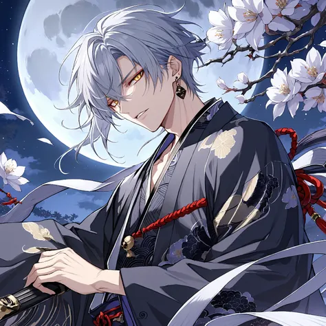 best quality, hyper detailed, masterpiece, absurdres, a male, yokai, tall, wiry, lanky, fair skin, detailed face, short hair, silver hair, golden eyes, wide-eyed, serious look, looking at viewer, kimono, undone clothing, earrings, young adult, japanese, wi...