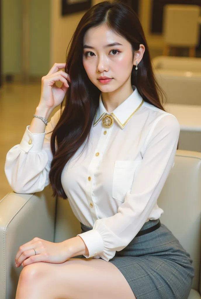 a young woman seated on a light-colored chair in an indoor setting, likely an office or lounge. She has long, dark hair styled neatly, and her expression is poised and confident. She is dressed in a professional yet stylish outfit, consisting of a white bl...