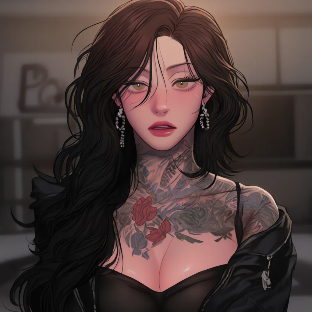 1 woman, mature female, sharp looks, eyelashes, long wavy black hair, glossy lips, green eyes, black leather jacket with a black blouse underneath, from the neck down she is completely covered in tattoos,side view 