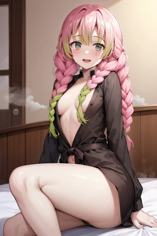 ((highest quality)), ((masterpiece)), (be familiar with), perfect face, indoors, bedroom, viewers,
One woman, Kanroji Mitsuri,
open mouth, steam clouds drift, blush, smile,
 small tits, flat chest, Young girl,  lori,  ,  girl,
long hair, braids,
 open,