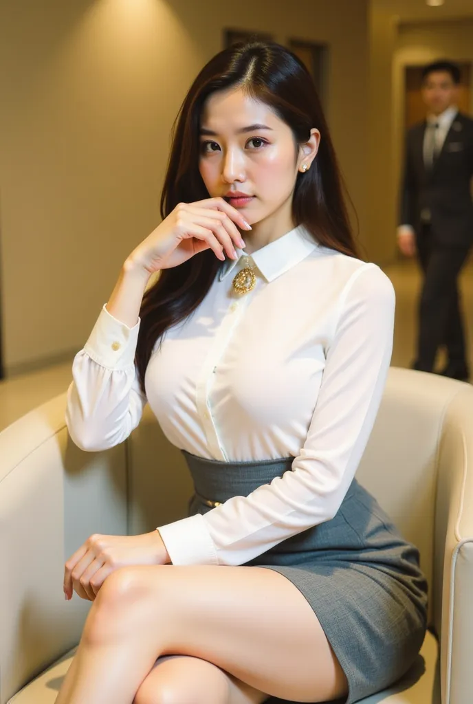 a young woman seated on a light-colored chair in an indoor setting, likely an office or lounge. She has long, dark hair styled neatly, and her expression is poised and confident. She is dressed in a professional yet stylish outfit, consisting of a white bl...