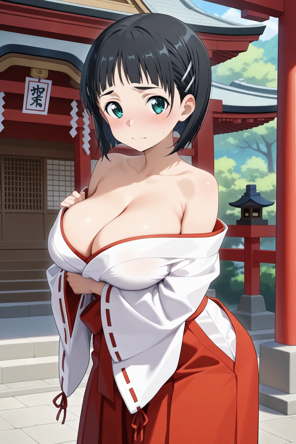 masterpiece,best quality,{{detailed beautiful face and eyes}}, very detailed background,
Suguha Kirigaya,short hair,bob cut,black hair,hairclip,green eyes,large breasts,
(miko:1.1),{{red hakama}},hakama skirt, japanese clothes, kimono,wide sleeves,{{white ...