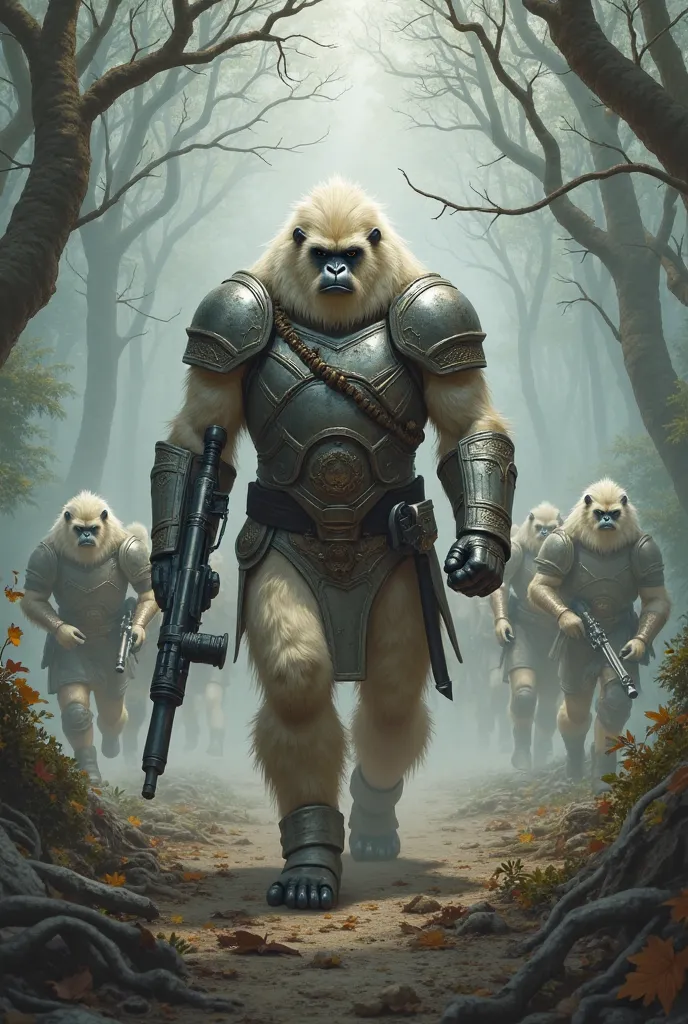 An white orangutan general  in heavy armor holds a heavy machine gun, leading troops through a misty forest as armed cream cat troops hide among the trees.