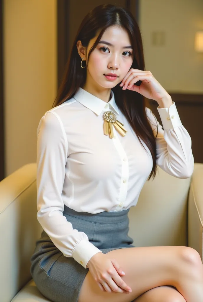 a young woman seated on a light-colored chair in an indoor setting, likely an office or lounge. She has long, dark hair styled neatly, and her expression is poised and confident. She is dressed in a professional yet stylish outfit, consisting of a white bl...