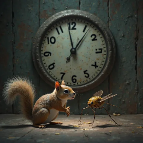 The battle of one squirrel against the bug, there is a clock on the wall that shows 04:00 a.m.