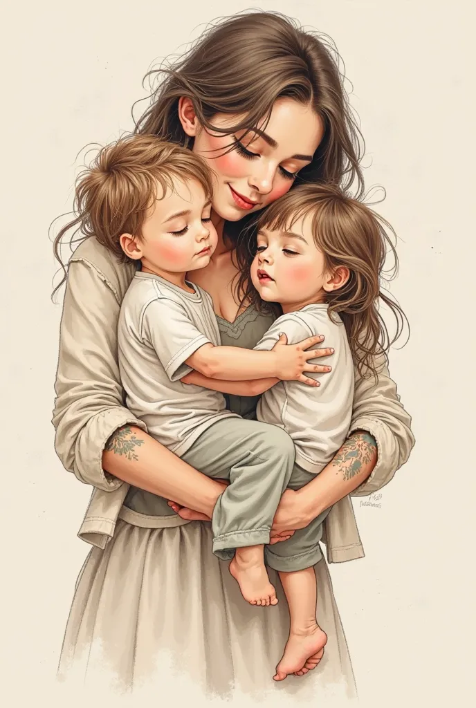 Tattoo sketch of mom with two babies - boy and girl love