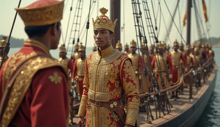 An Indonesian young man wearing gold clothes like a prince, he is standing on the bow of a large ship and there are many royal soldiers behind him. And it looks like a soldier is reporting something to him.