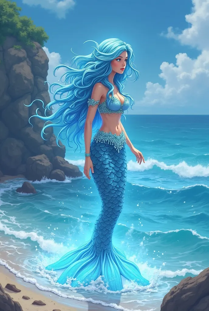 When an ordinary girl steps into the sea, her legs glow blue and she becomes the beautiful blue mermaid goddess of the sea. Please draw her transformation process in a 4-panel cartoon.  First cut: She's walking along the beach, her legs touching the sea. S...