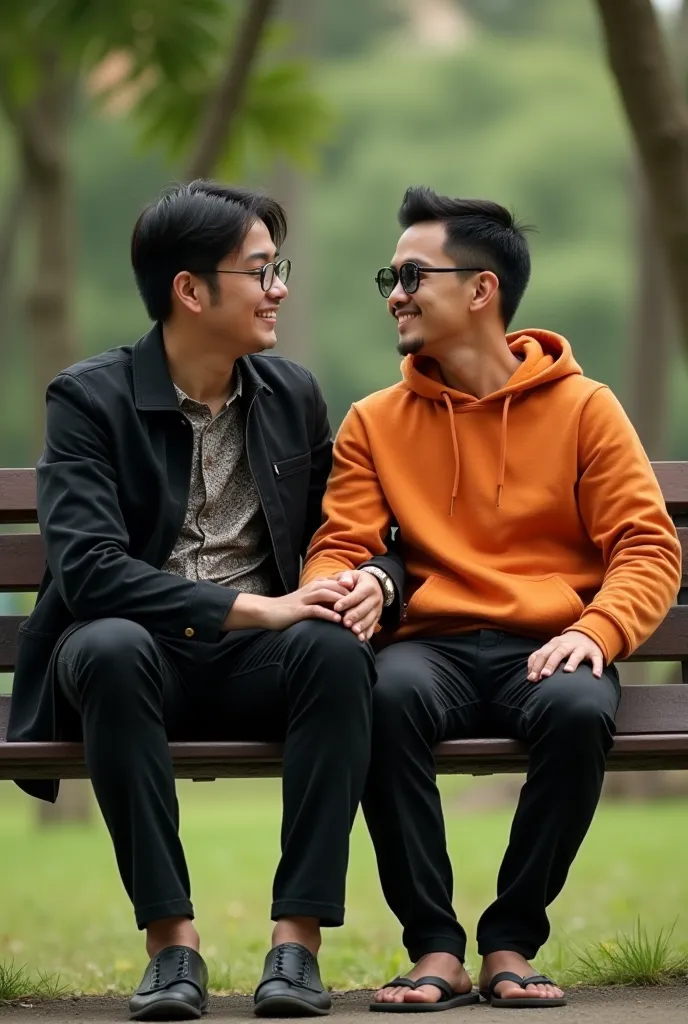 The atmosphere in the park, an Indonesian man aged 30 with a medium build is visible. He wears glasses and has short, neat hair. He is dressed casually with a slightly open patterned shirt at the top, combined with a dark black jacket and trousers. His sho...