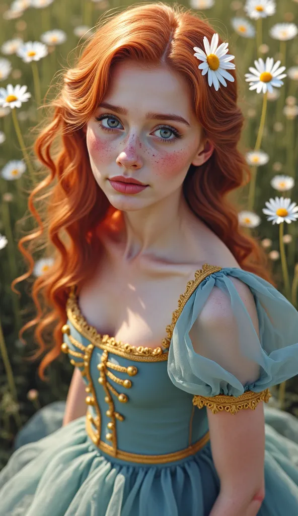 A realistic portrait of a 25-year-old woman with red hair in soft waves and a small, a single pretty daisy in her hair, with big blue eyes and freckles on the cheeks and nose, gentle look at the viewer, open lips ,  small nose , she wears an azure and gold...